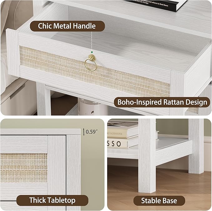 Xixini Nightstand Set of 2, Rattan Boho Bedside Table with 2 Drawers, Open Shelf & Brass Knobs, Small Mid Century Modern Night Stand, Wooden End Side Table for Bedroom, Living Room, Closet, White