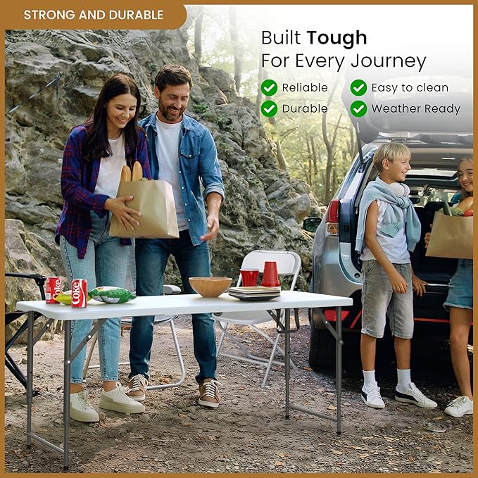 5.5 Feet ADJUSTABLE Foldable Table with Built in Handle & Steel Legs | 5.5FT Heavy Duty Folding Portable | Perfect for Party, Dining, Wedding, Events, Picnic Indoor, Outdoor, Camping, Utility, Folding