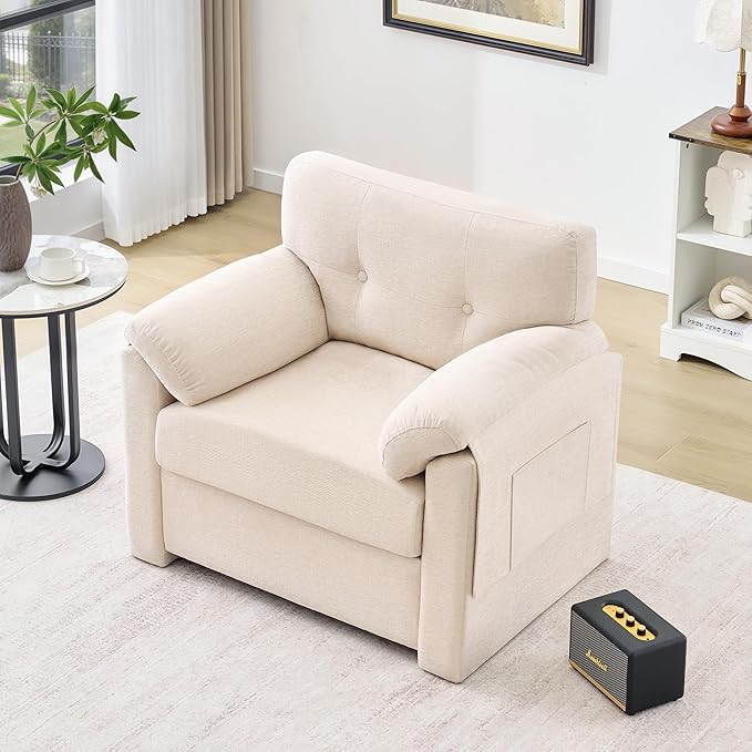 Howjoe Chenille Oversized Armchair, 37.8" Wide Accent Chairs for Living Room & Bedroom Modern Lounge Chair, Upholstered Mid-Century Reading Chair with Arm Pocket, Comfy Living Room Chair, Beige