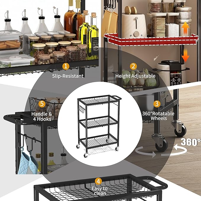 3-Tier Rolling Cart, Space-Saving Kitchen Cart with 150Lbs Capacity, Black Storage Cart with 2 Lockable Wheels for Kitchen Island, Restaurant, Garage, Backyard（No Wooden Boards, Lightweight Version）