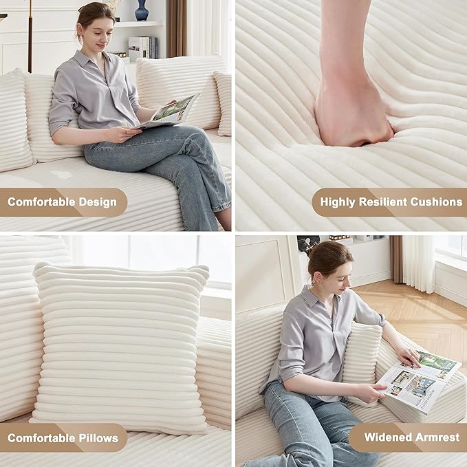 Mangodan 110” Cloud Sectional Couch, Boneless Sofa for Living Room, Modular Sectional Sofa with Deep Seat, Comfy Fluffy Couch with L-Shaped Chaise, No Assembly Required, Beige