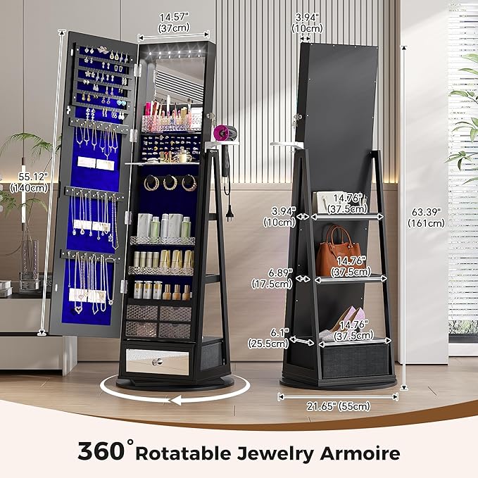 HWB Jewelry Storage Cabinet with LED Full-Length Mirror, 360° Swivel Standing Jewelry Organizers with Shelves & Drawer Storage, Jewelry Armoire with Remote Control Lights, Black