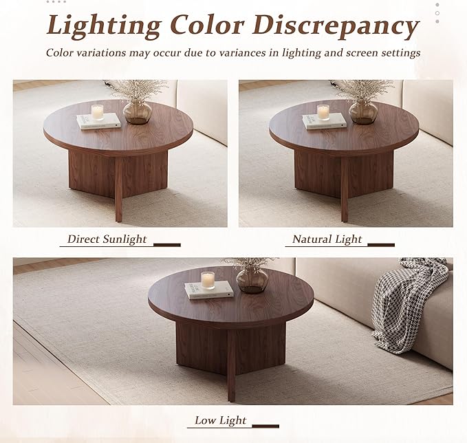Luoxiao 31.5" Round Coffee Table Mid Century Modern Center Table for Living Room, Minimalist Circle Accent Table for Apartments, Study, Office, Space-Saving, Easy Assembly, Walnut