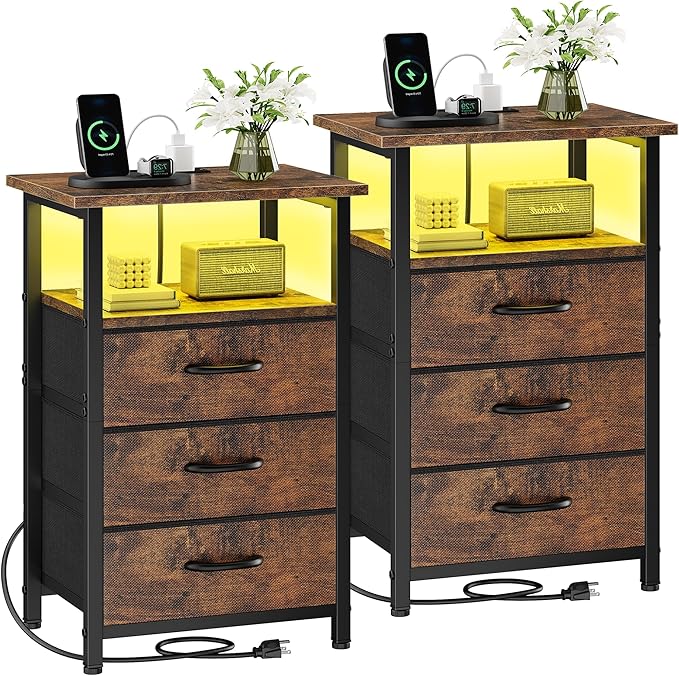 Vagusicc Night stand Set 2 with Charging Station, LED Nightstand for Bedroom, Bedside Table with 3 Fabric Drawer, End Table Side Table with USB Port & Outlets, Bed Side Table for Bedroom, Rustic Brown