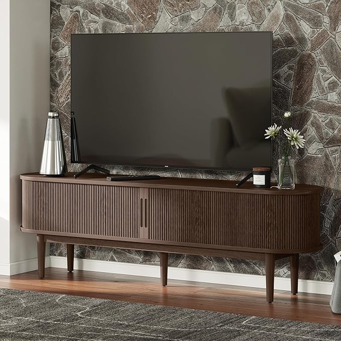 LINSY HOME 58" Fluted TV Stand for TVs up to 65 Inch, Mid Century Modern Entertainment Center with Storage Cabinet and Sliding Doors, Farmhouse Wood Media TV Console for Living Room, Bedroom, Walnut