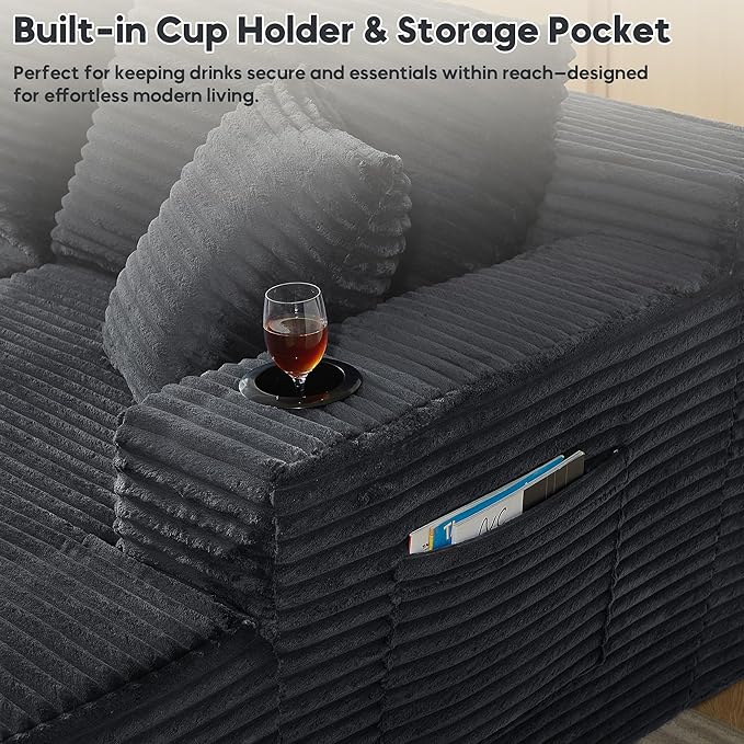 125 Inch Modular Sectional Sofa, Cloud Couch Oversized U Shaped Corduroy Sofa with Storage & Cupholders, Modern Deep Seat Boneless Couches for Living Room, No Assembly Required, Dark Grey