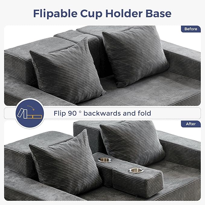 MAXYOYO Loveseat Sofa Bed, 64" Foldable Floor Sofa Couch in A Box with 2 Cup Holders, 4 in 1 Convertible Boneless Couch Folding Recliner Sleeper Chair for Living Room,Charcoal Grey