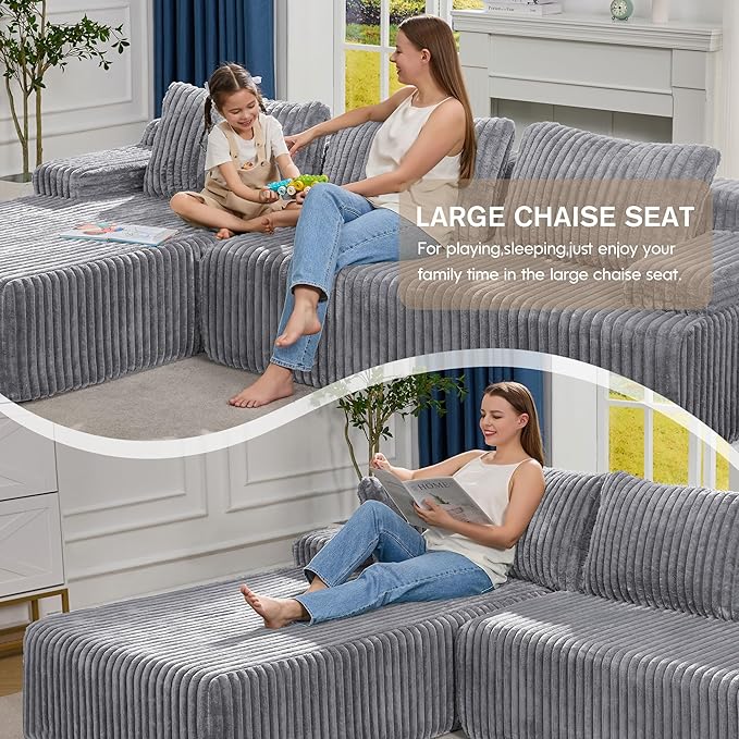 Hobestluk Modular Sectional Sofa Boneless Couch L-Shape Couch 3 Seat Modular Couch Memory Foam Sectional Couches for Living Room Furniture, Cloud Couch with Oversized Chaise (108" Left Facing Chaise)
