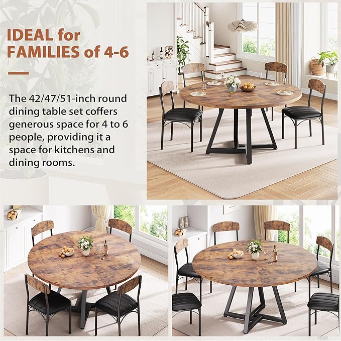 Jocoevol 51" Round Dining Table Kitchen Dining Room Circle Dinner Pedestal Table for 4 6 8, Space Saving Wood Kitchen & Dining Room Furniture (Rustic Brwon)