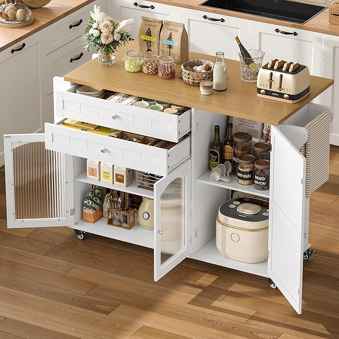 FINETONES Kitchen Island with Storage, Rolling Kitchen Island on Wheels with Wood Drop Leaf Countertop, Island Table Bar Cart with Spice Towel Rack Portable Kitchen Table Kitchen Carts on Wheels