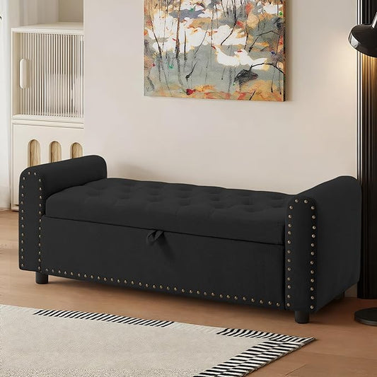 48" Ottoman with Storage, Tufted Storage Ottoman Bench, Convenient Living Room Fabrics Bench Seat, Entryway Shoe Benches with Inner Zipper & Arm, Upholstered Window Seat Ottomans with Rivets, Black