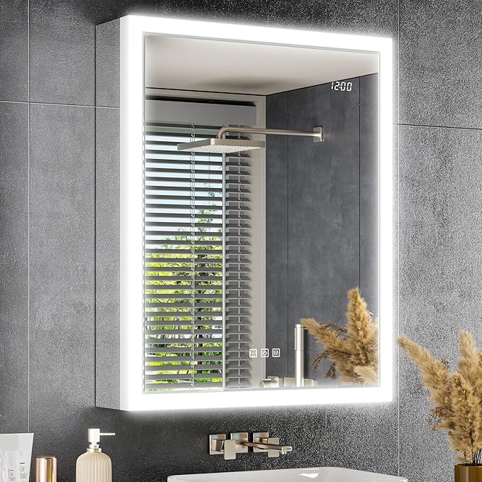 Lighted Medicine Cabinet with Mirror & Clock -24x30 Surface or Recessed Assembly-Free Medicine Cabinet with Dimmable Light Anti-Fog, Built-in Sensing Light & Outlet, Soft-Close Right Hinge