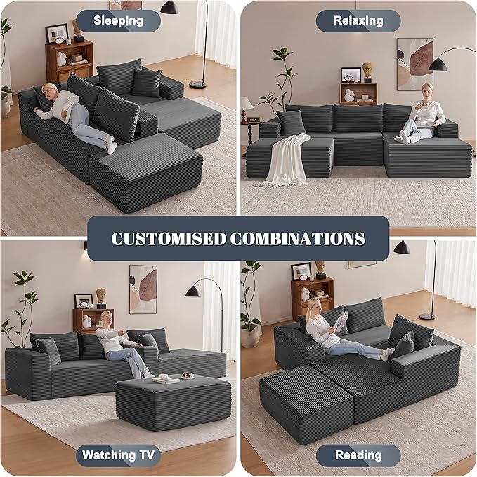 Mangodan 110” Cloud Sectional Couch, Boneless Sofa for Living Room, Modular Sectional Sofa with Deep Seat, Comfy Fluffy U-Shaped Couch with Right-Facing Chaise, No Assembly Required, Grey
