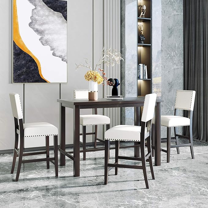 Harper & Bright Designs 5-Piece Counter Height Dining Set, Classic Elegant Table and 4 Chairs in Espresso and Beige