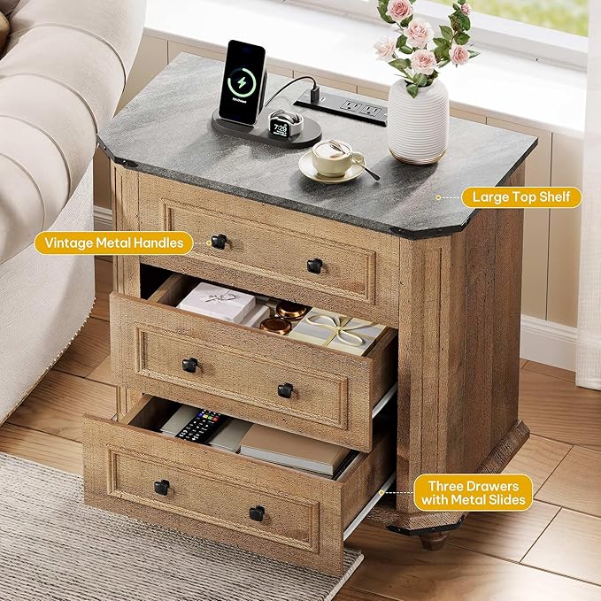 DWVO 29" Wide Nightstand with Charging Station, Farmhouse Bedside Table with 3 Drawers, Wood Night Stand w/Storage, Rustic Bed Side End Table for Bedroom Dorm Small Space, Brown