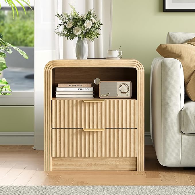 Decofy Fluted Nightstand Set of 2 with Charging Station, 19.7'' Wide Morden End Table with USB/Type-C Ports, 2 Drawers & Open Shelf, Curved Profile Design, Wood Bedside Table for Bedroom (Oak)