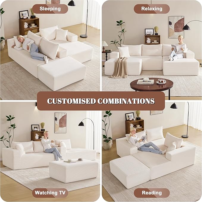 Mangodan 110” Cloud Sectional Couch, Boneless Sofa for Living Room, Modular Sectional Sofa with Deep Seat, Comfy Fluffy U-Shaped Couch with Right-Facing Chaise, No Assembly Required, Beige