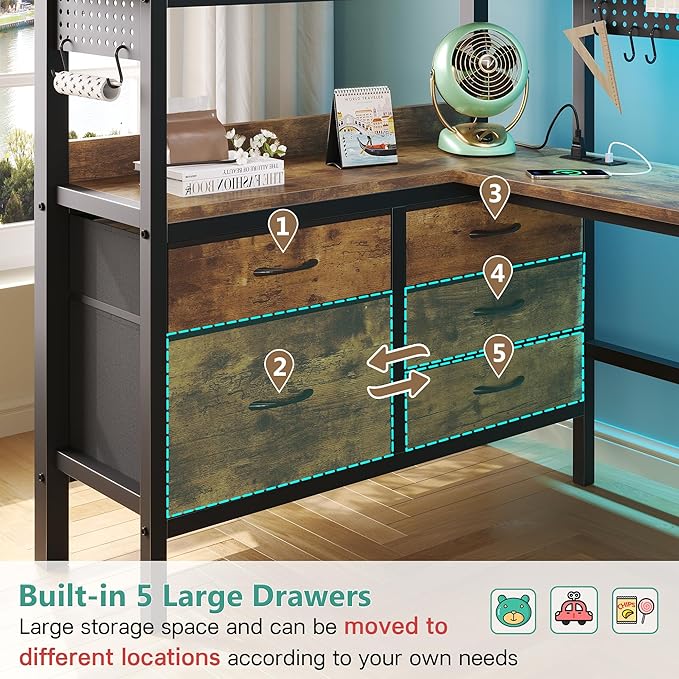 BYSAUD Twin Loft Bed with Desk and Storage, Metal Bunk Bed with 5 Drawers and 2 Pegboards, Heavy Duty Loft Bed Twin Size with LED Lights and Charging Station for Teens Adults, Noise Free, Brown