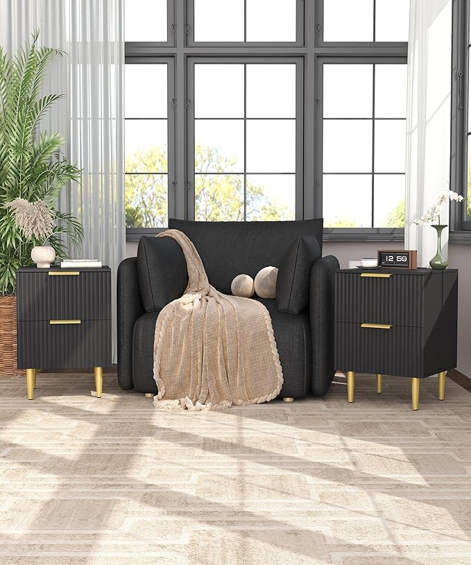 Akxomel Black Nightstand Set of 2, Fluted Night Stand with Charging Station, 13.8" D x 15" W x 23.2" H, 2 Drawers Modern Bedside Table with USB Ports and Outlets, Golden Side Table for Bedroom