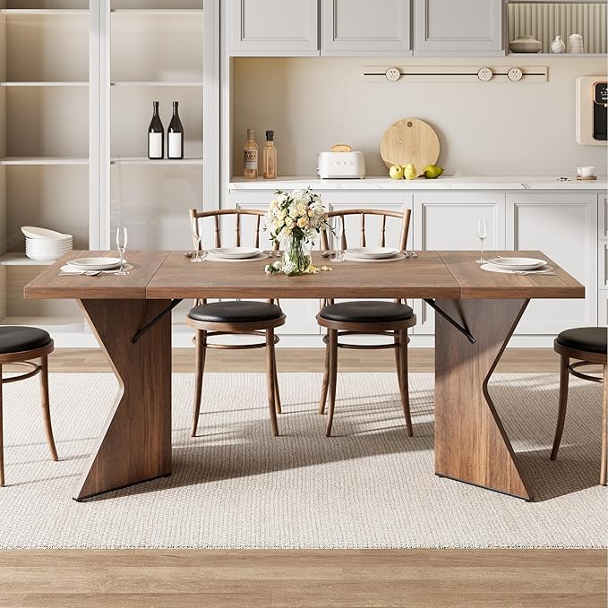GarveeHome 70.9'' Dining Table for 6, Farmhouse Rectangular Kichen Table with Sturdy Frame and “V” Leg, Wooden Thickened Long Desk and Dinner Desk for Dining Room, Kitchen, Office, Game Room(Retro)
