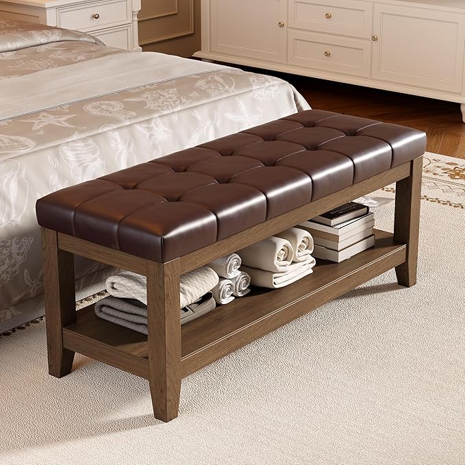 ABHENG Solid Rubber Wood Shoe Bench, Easy-Clean PU Upholstered Seat, 770LB Load, Space-Saving Storage for Entryway/Living Room, Easy Assembly, Vintage Style, 43.3"x15.7"x17.7", Brown, UASND65R
