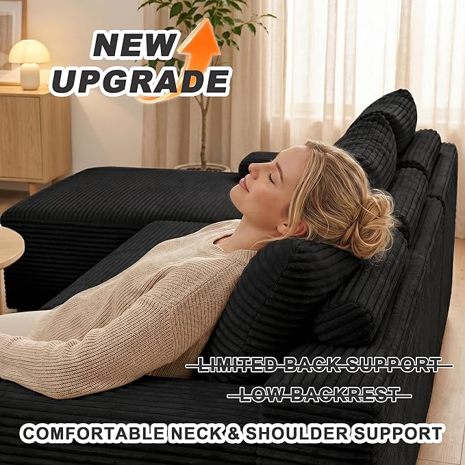 Mangodan Cloud Sectional Sofa, Boneless Couch for Living Room, Modular Sectional Sofa with Deep Seat, Fluffy L-Shaped Comfy Couch with Right-Facing Chaise, No Assembly Required, Black