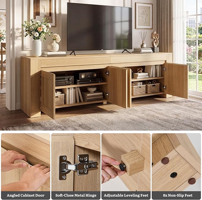 YITAHOME 70 inch TV Stand for up to 80 inch TVs, Farmhouse Entertainment Center with Storage Doors and Shelves, Media Console Table with Cable Holes for Living Room, Natural Oak