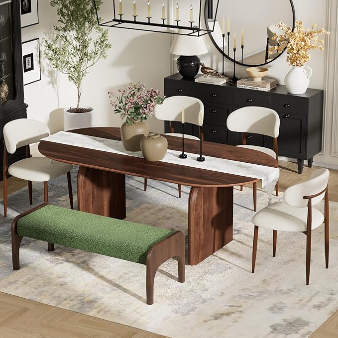 6-Piece Mid-Century Modern Dining Table Set, 63" Walnut Rectangular Table with 2 Dining Chairs & Bench, Dining & Kitchen Room Set for 6, Space-Saving Rustic Dining Set,Beige&Green