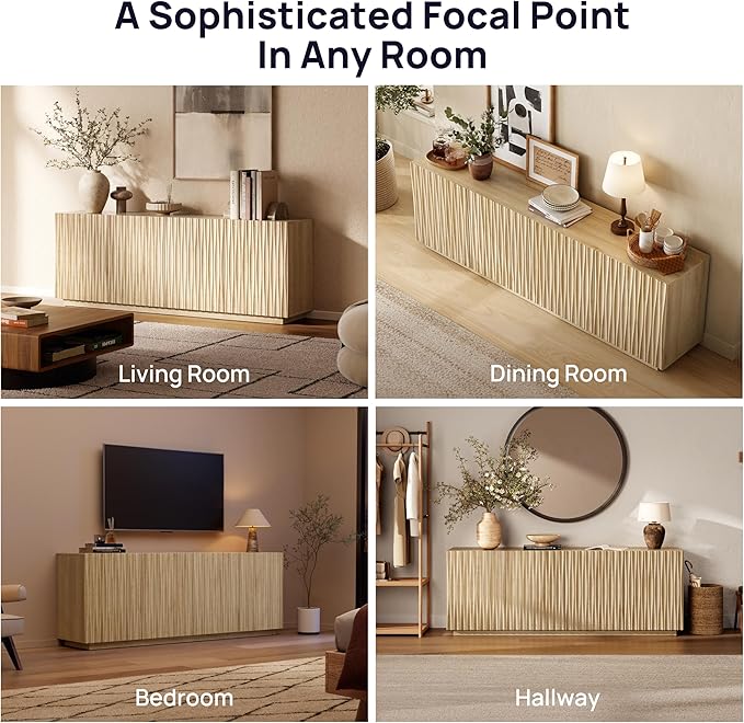70" Fluted TV Stand for TVs Up to 50/55/65/75", Mid-Century Modern Entertainment Center for Living Room, Tall Sideboard & Storage Cabinet Wavy Media & TV Console, 8 Cable Holes&Soft-Close, Natural Oak