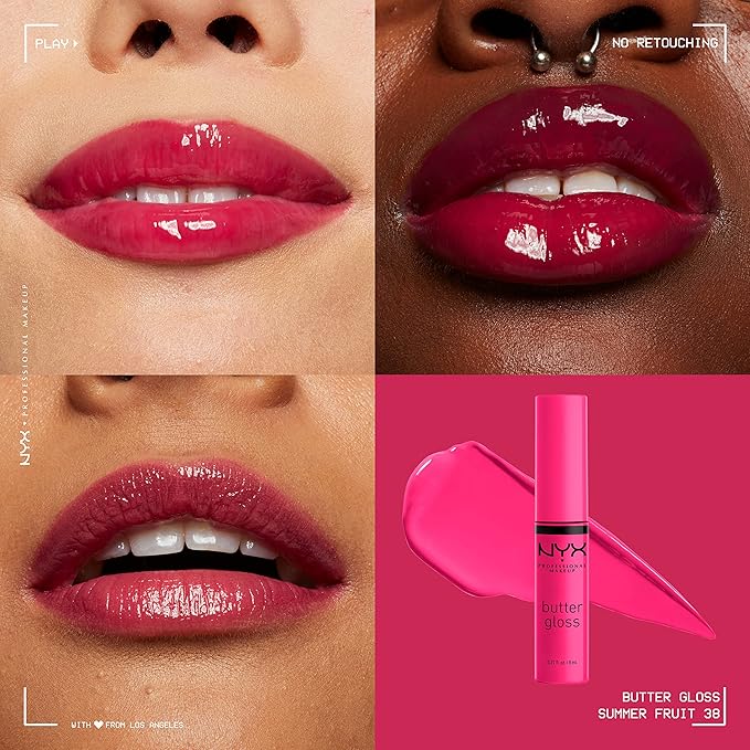 NYX PROFESSIONAL MAKEUP バターグロス、ベタつかないリップグロス - サマーフルーツ（ホットピンク）