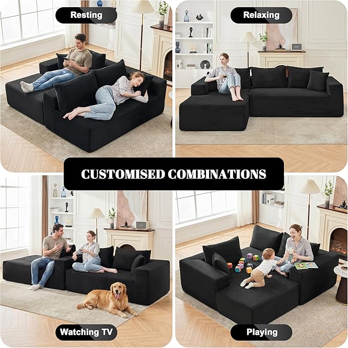 Mangodan 110” Cloud Sectional Couch, Boneless Sofa for Living Room, Modular Sectional Sofa with Deep Seat, Comfy Fluffy Couch with L-Shaped Chaise, No Assembly Required (Left-Facing Chaise, Black)