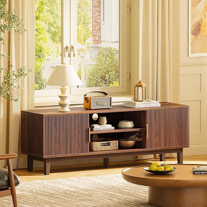 PRAISUN 54 Inch Fluted TV Stand for TVs Up to 55, 60 Inch, Mid Century Modern Entertainment Center with Storage, TV Console with Adjustable Shelves, Midea Console for Living Room Bedroom, Brown