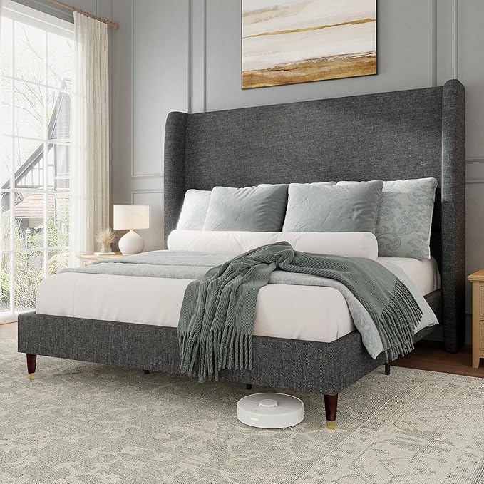 Jocisland King Size Bed Frame 51.2" Wingback Headboard Linen Upholstered Platform Bed,Solid Wood Legs & Wooden Slats,No Box Spring Needed,Noise-Free,for Family Master Suite Cozy Home,Dark Grey