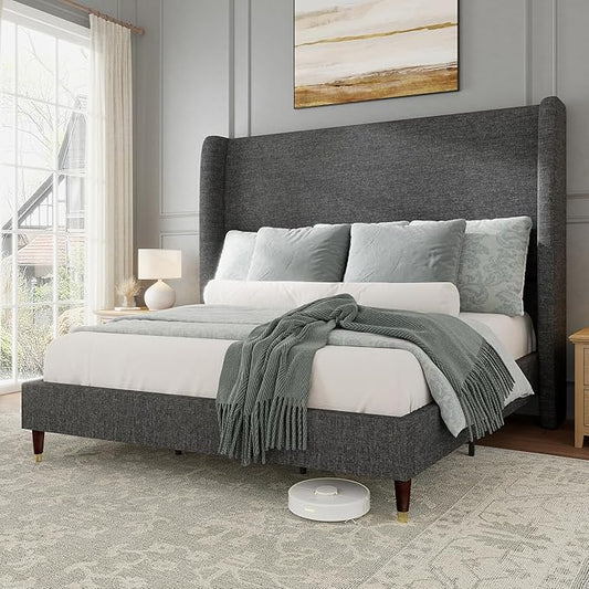 Jocisland King Size Bed Frame 51.2" Wingback Headboard Linen Upholstered Platform Bed,Solid Wood Legs & Wooden Slats,No Box Spring Needed,Noise-Free,for Family Master Suite Cozy Home,Dark Grey