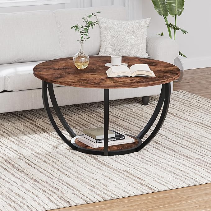 HOMERECOMMEND 28" Round Coffee Table with Storage,2-Tier Wood Accent Center Table for Living Room,Sofa Table for Home Office, Brown