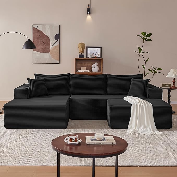 Mangodan 110” Cloud Sectional Couch, Modular Sectional Sofa with Deep Seat, Boneless Sofa for Living Room, Fluffy Comfy U-Shaped Couch with Left Facing Chaise, No Assembly Required, Black