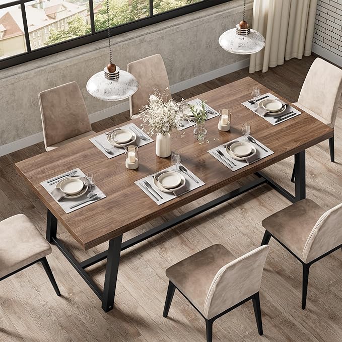 IRONCK 71" Dining Table for 6-8 People, Industrial Kitchen Table with Sturdy Metal Frame, Rectangular Brown Wood Dinner Table for Dining Room