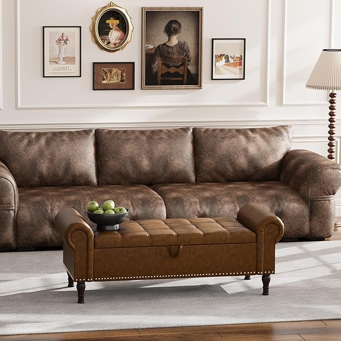 Apicizon 51” Bench with Storage, Upholstered Tufted Button Bedroom Bench with Storage, Faux Leather Ottoman Bench for Bedroom, Living Room, Entryway, Yellow Brown