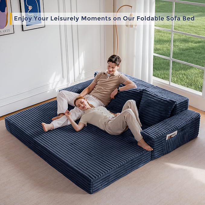 MAXYOYO Loveseat Sofa Bed, Striped Faux Fur Foldable Floor Sofa Couch in A Box, 4 in 1 Convertible Boneless Couch with 2 Cup Holders, Folding Recliner Sleeper Chair, No Assembly Required, Navy