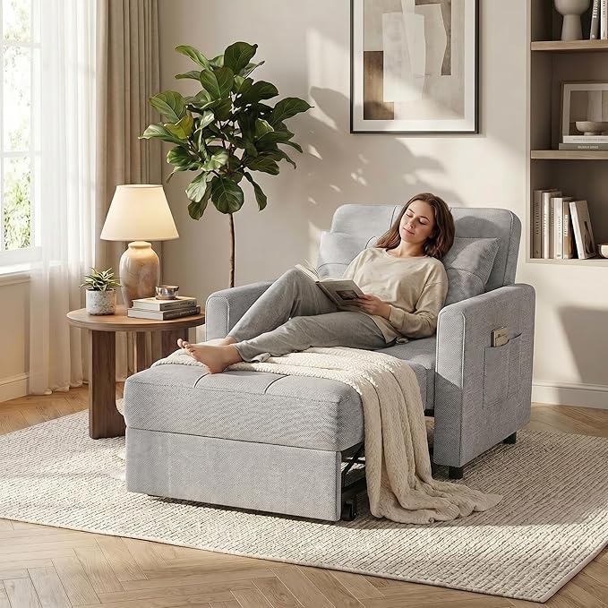 Gizoon Sofa Bed Chair 3 in 1 Convertible, Pullout Single Sleeper Chair Bed with Adjustable Backrest, Spacious Multifunctional Sofa Couches for Living Room, Bedroom, Apartment