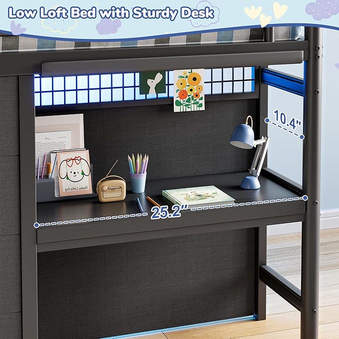Twin Low Loft Bed with Desk, 7 Storage Drawers & LED Lights, Kids Metal Loft Bed with 13.8" H Safety Guardrail, Underbed Play Space & Curtain, Anti-Collision Pad (Black)