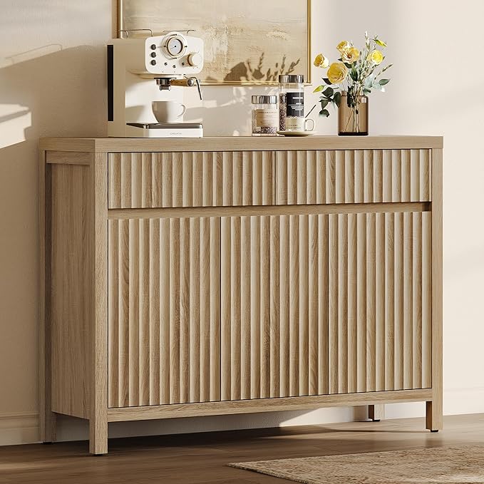 SICOTAS 42" Fluted Buffet Cabinet with Storage - Mid Century Modern Sideboard with 2 Drawers & 3 Doors, Large Coffee Bar Console Table with Adjustable Shelves for Living Room, Kitchen, Hallway