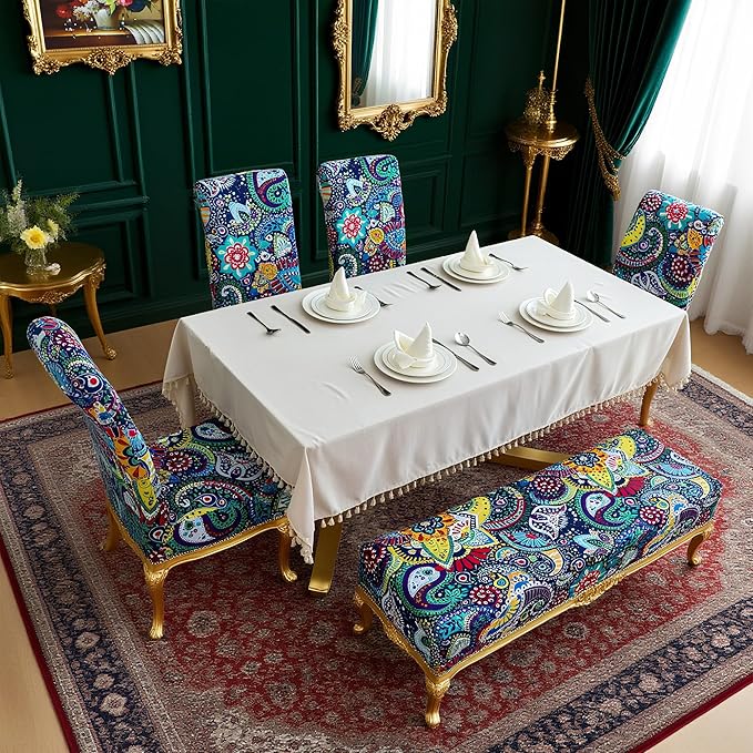 FORCHEER 4 Chair and Bench Covers for Dining Chairs Waterproof Boho Dining Room 4 Piece Kitchen Chair Slipcovers with Bench Seat Cover Set Washable