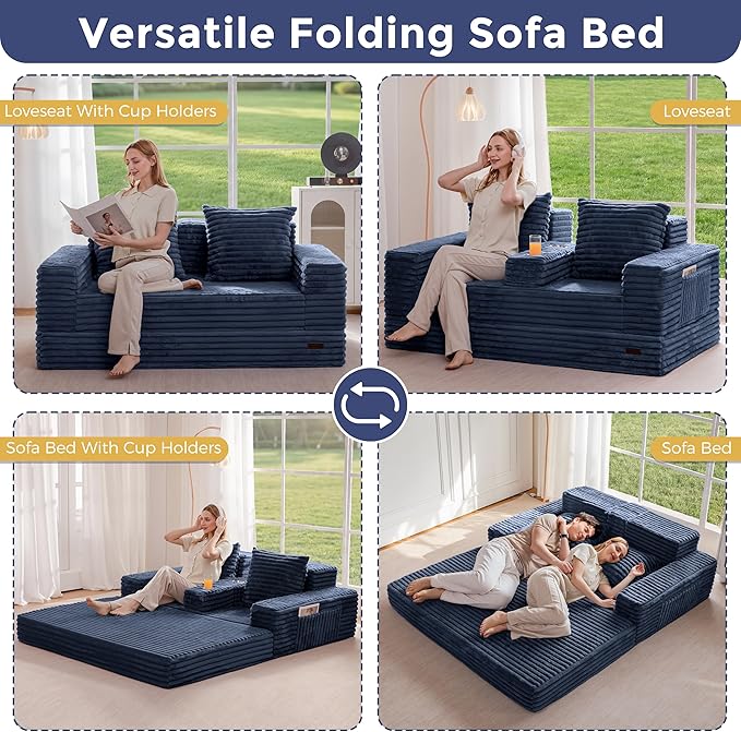 MAXYOYO Loveseat Sofa Bed, Striped Faux Fur Foldable Floor Sofa Couch in A Box, 4 in 1 Convertible Boneless Couch with 2 Cup Holders, Folding Recliner Sleeper Chair, No Assembly Required, Navy