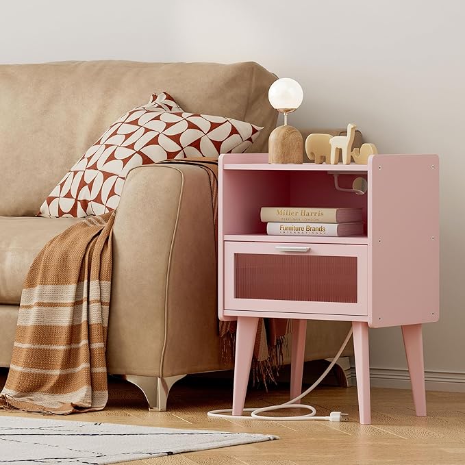 MMEOLUOOK Nightstand with Charging Station, Bedside Tables Pink End Table Side Table with 2 Tiers Storage Space, for Bedroom Living Room MLBZ07PE