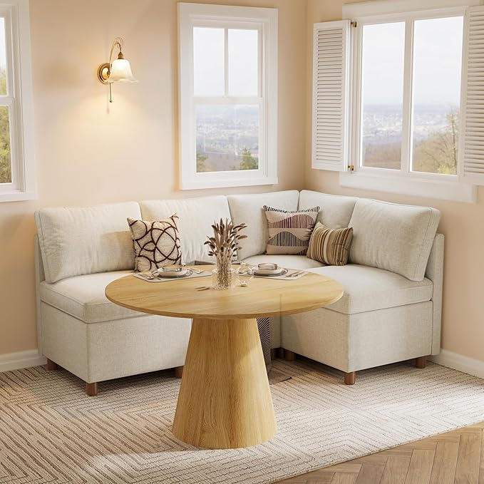 SITJOY Breakfast Nook Bench with Storage, Modular Corner Kitchen Banquette Seating, Dining Settee Couch, Upholstered Dining Bench with Back, Soft-to-Touch Fabric in Beige, 4-Seat L Shaped Nook