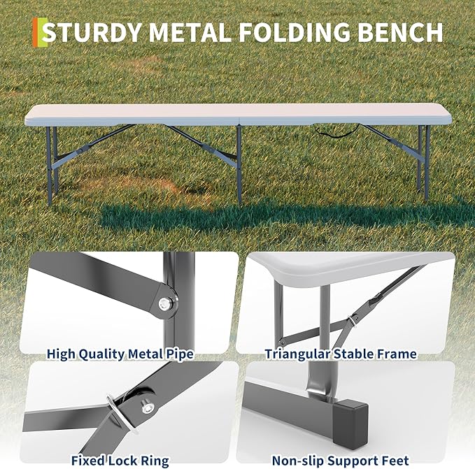 Garvee 6FT Folding Bench, Plastic Portable Folding Bench Seat with Carry Handle & Lock for in/Outdoor Activities, Picnic, Soccer, Caming Dining Seat, White