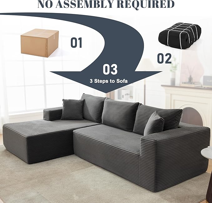 MANGODAN 110” Cloud Sectional Couch, Boneless Sofa for Living Room, Modular Sectional Sofa with Deep Seat, Comfy Fluffy Couch with L-Shaped Chaise, No Assembly Required (Left-Facing Chaise, Dark Grey)