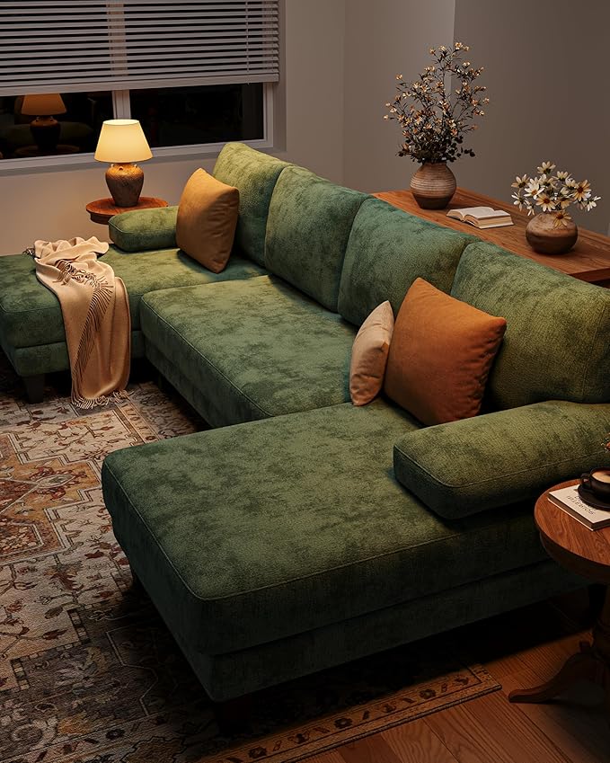 U-Shaped Sectional Couches for Living Room | 112 Inch Modern Sectional Couch | Green Chenille Sofa with Double Chaise for Apartment