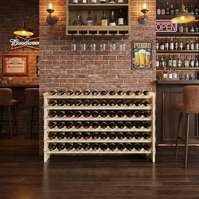72 Bottles Stackable Modular Wine Rack, 6-Tier 72 Slots Floor Wine Storage Stand Wooden Wine Holder Display Shelves, Wobble-Free, Solid Wood, Floor Free Standing